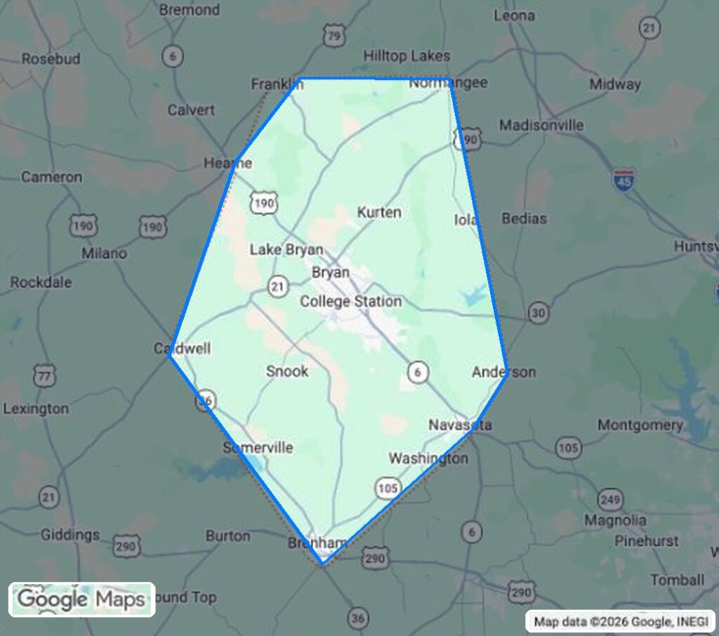 3G Pressure Pro service area map covering Bryan / College Station and the Brazos Valley