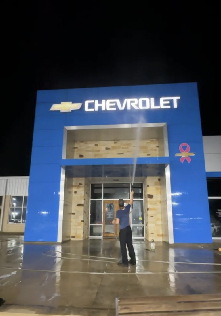 Commercial soft wash on a Chevrolet dealership in Caldwell TX