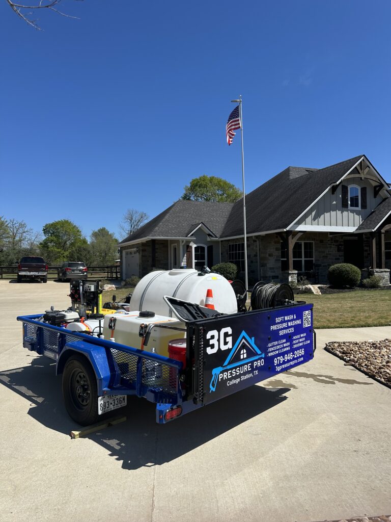 House soft wash completed in the King Oaks subdivision in Iola, TX. Exterior house washing by 3G Pressure Pro.